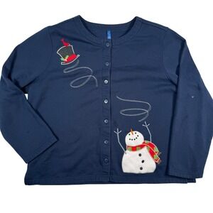Snowman Ugly Christmas Cardigan Sweater Womens XL Blue Holiday Festive Winter